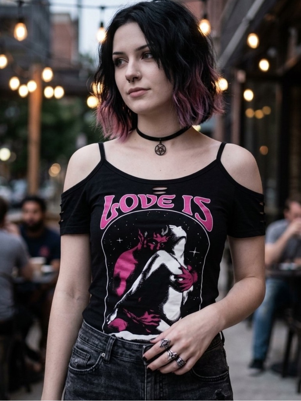 Killstar Black Tank Top with Pink & White 'Love Is The Devil' Graphic